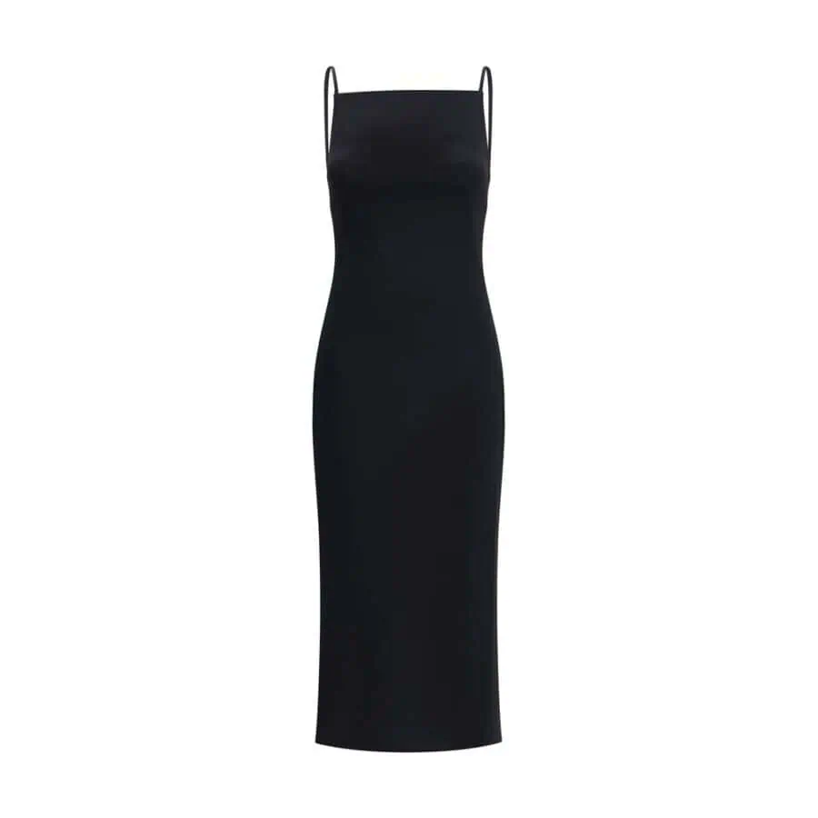 Elegant black maxi slip dress with spaghetti straps, perfect for formal occasions and night outs. Luxurious and stylish, designed for a sleek and sophisticated look.