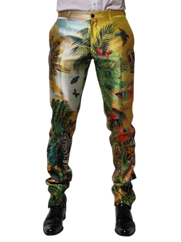 Dolce & Gabbana Multicolor Forest Print Silk Skinny Men Pants