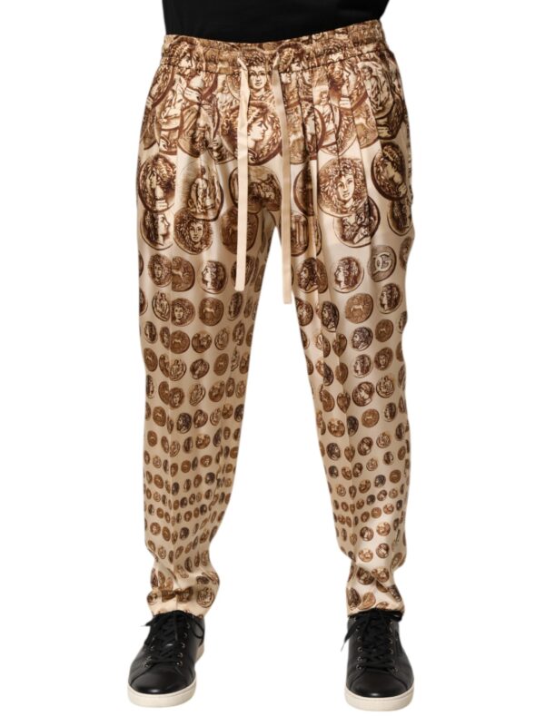 Dolce & Gabbana Beige Coin Print Silk Twill Men Jogger Pants