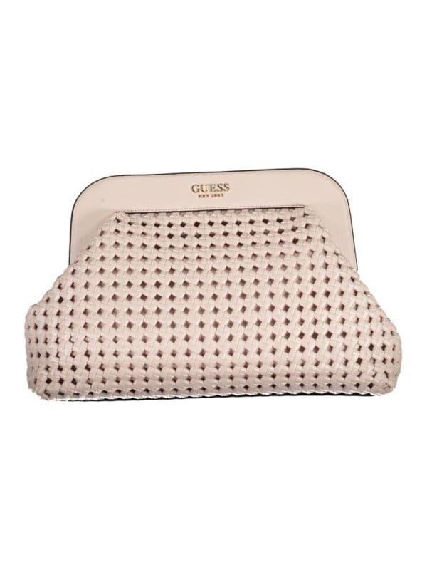 Straw woven clutch purse with Guess logo, beige color, stylish accessory for women, perfect for casual or formal occasions.