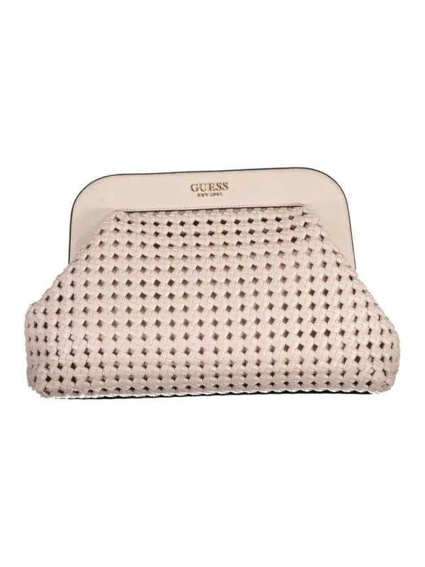Straw woven clutch purse with Guess logo, beige color, stylish accessory for women, perfect for casual or formal occasions.