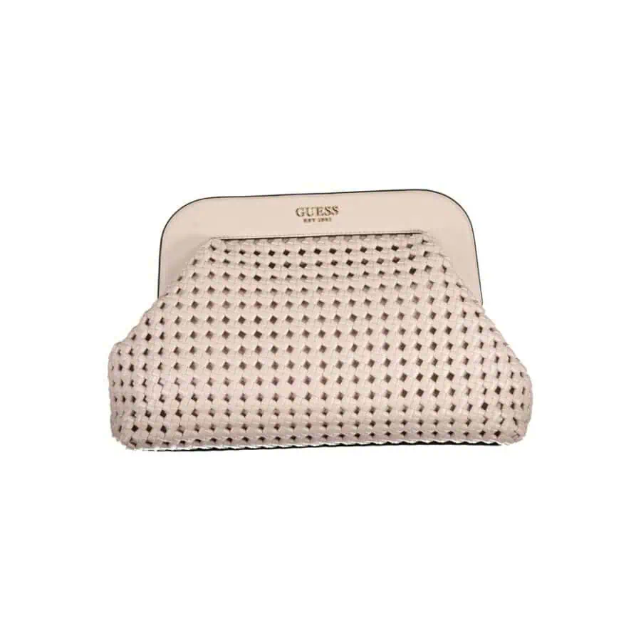 Straw woven clutch purse with Guess logo, beige color, stylish accessory for women, perfect for casual or formal occasions.
