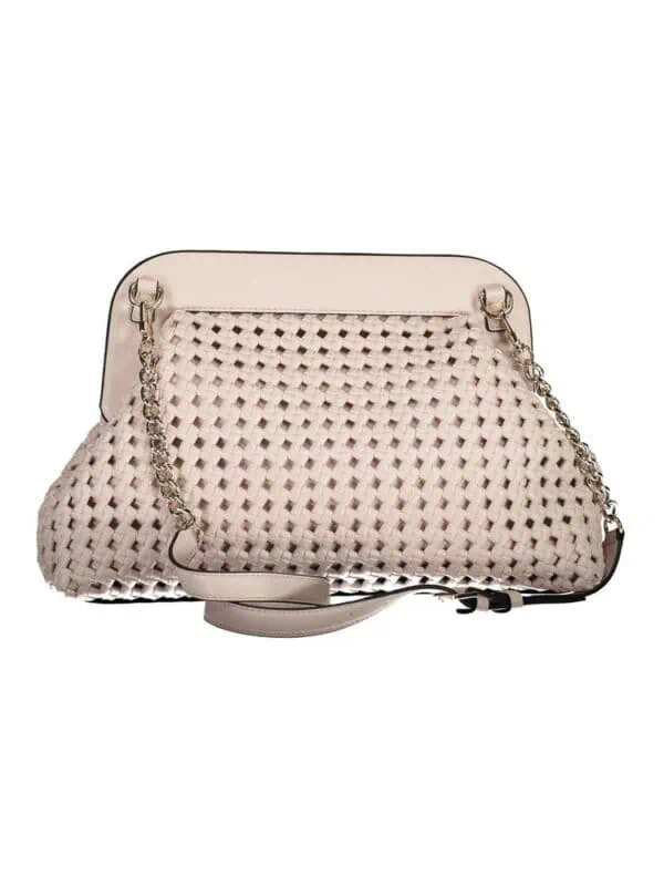 Lux Brands woven cream leather handbag with chain strap and zipper closure for stylish fashion accessories.