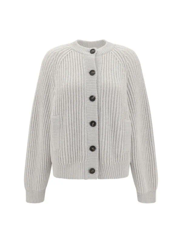 Cardigan sweater with chunky knit texture, ribbed detailing, and button closure, available in neutral beige for a cozy, stylish look.