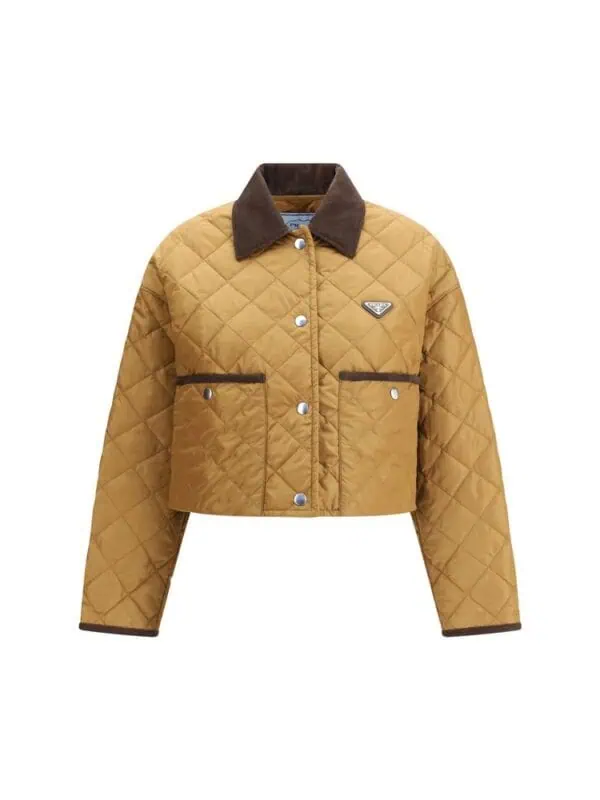 Quilted mustard yellow jacket with brown collar and silver button details for stylish winter wear.