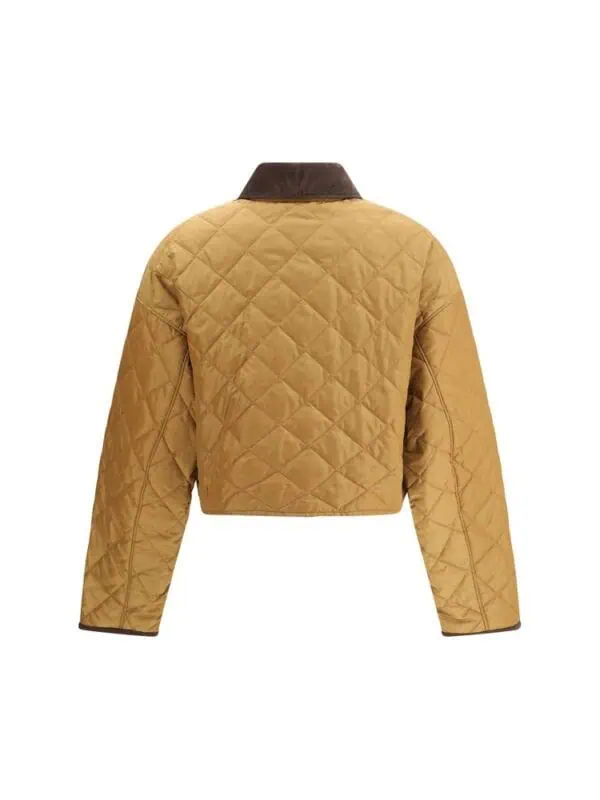 Quilted tan bomber jacket with contrasting collar, stylish warm outerwear for men and women, luxury fashion piece from Lux Brands.