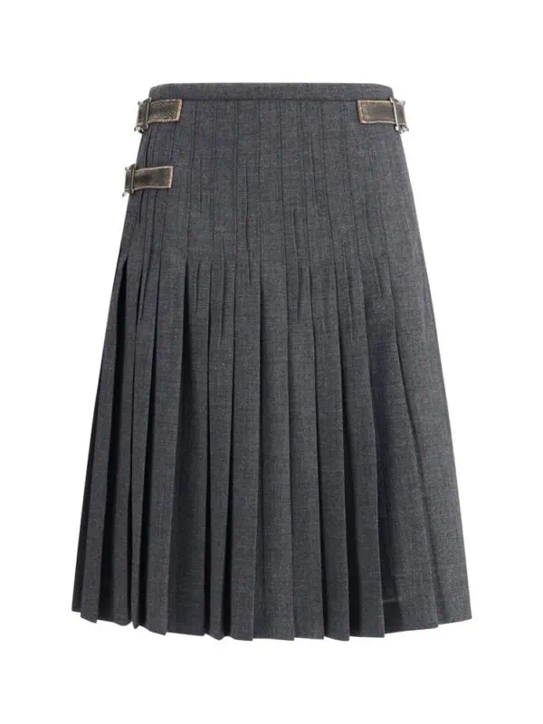 Pleated gray skirt with side buckle straps, luxury fashion, elegant design.