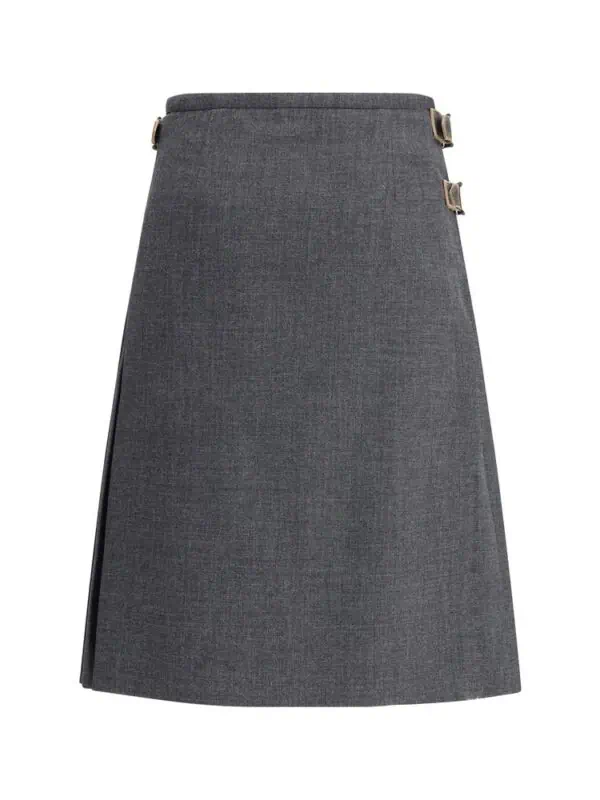 Lux Brands tailored dark gray midi skirt with side buckle details, perfect for professional and chic outfits. Designed for style and versatility in modern women's fashion.