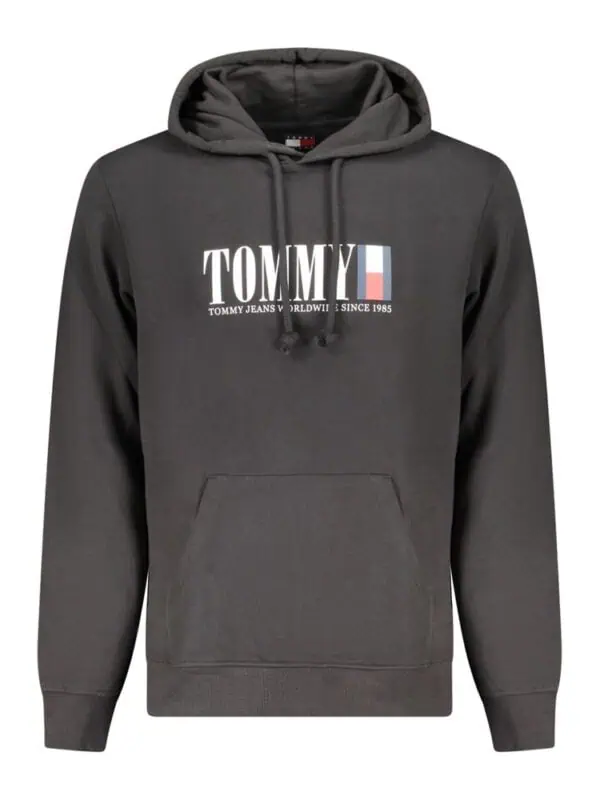 Soft black Tommy Jeans hoodie with logo print, drawstring hood, kangaroo pocket, and comfortable ribbed cuffs and hem. Perfect for casual and streetwear styles.