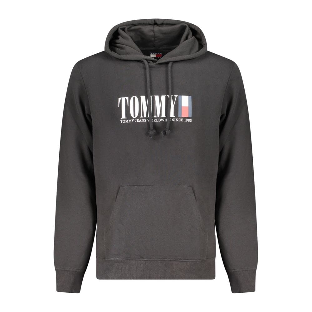 Soft black Tommy Jeans hoodie with logo print, drawstring hood, kangaroo pocket, and comfortable ribbed cuffs and hem. Perfect for casual and streetwear styles.