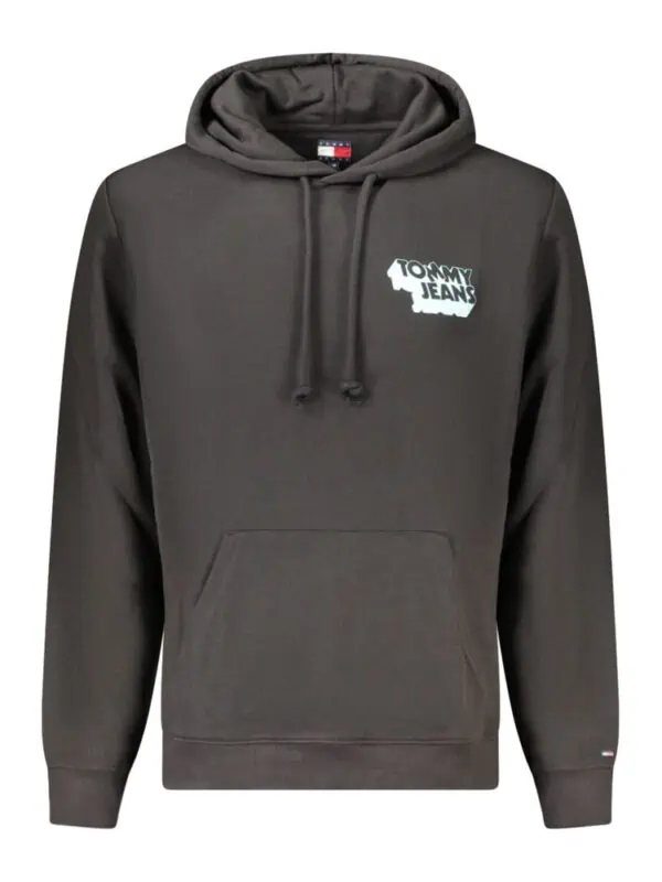 Warm grey Tommy Jeans hoodie with logo patch, drawstring hood, front kangaroo pocket, and ribbed cuffs for a stylish casual look. Perfect for everyday comfort and fashion.