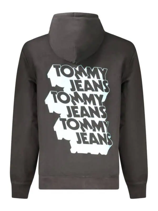 Black hoodie with bold Tommy Jeans logo graphic in white and blue, featuring layered text design. Perfect for casual streetwear looks and adding a stylish touch to everyday outfits.