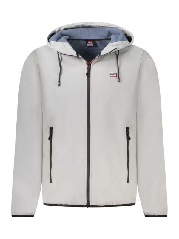 Men’s white waterproof softshell jacket with a hood, zippered pockets, and a Norwegian flag emblem, designed for outdoor winter activities and casual wear.