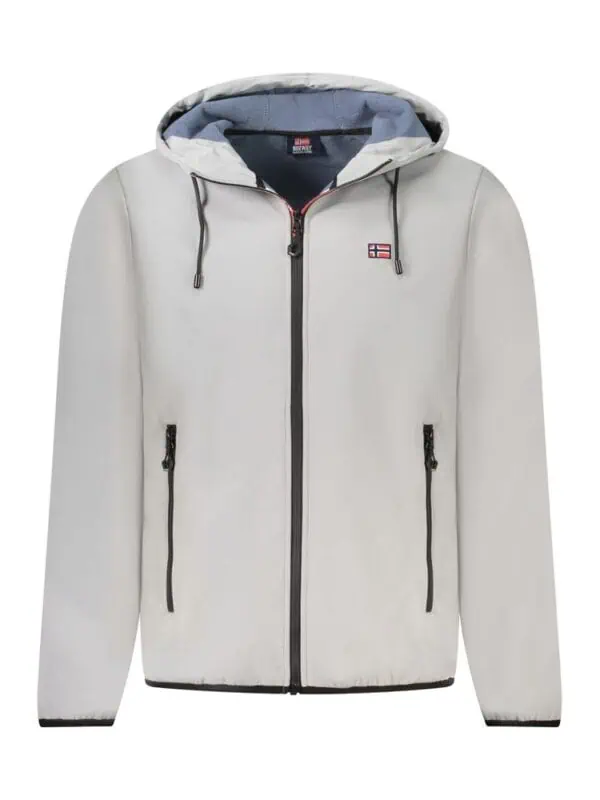 Men’s white waterproof softshell jacket with a hood, zippered pockets, and a Norwegian flag emblem, designed for outdoor winter activities and casual wear.