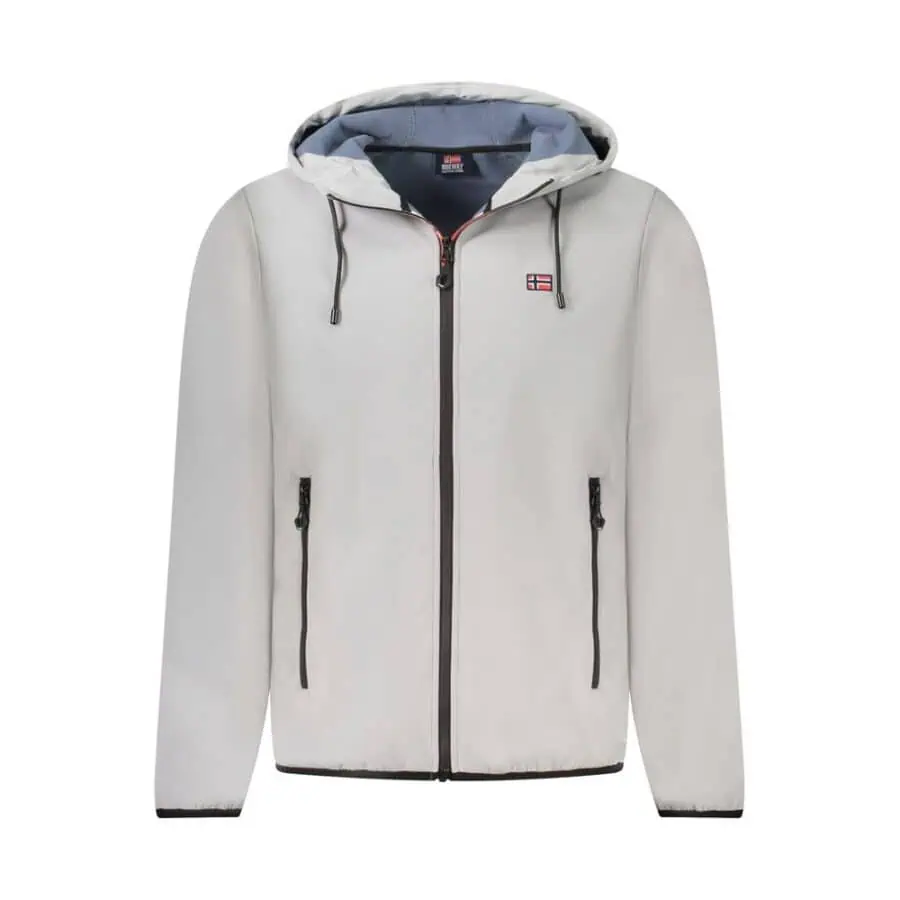 Men’s white waterproof softshell jacket with a hood, zippered pockets, and a Norwegian flag emblem, designed for outdoor winter activities and casual wear.