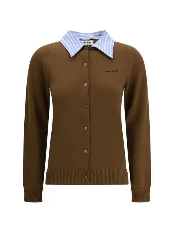 Lux brands women's brown cardigan with blue and white striped collar, button-up, stylish and versatile clothing piece for fall and winter fashion.