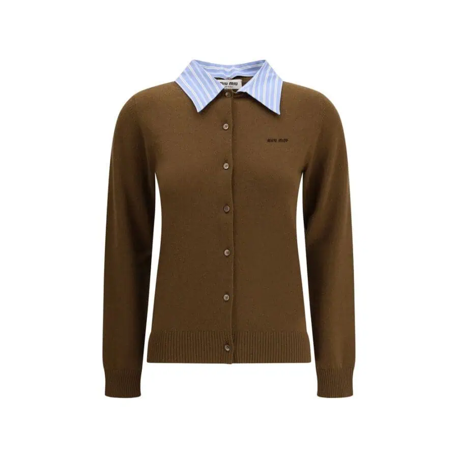 Lux brands women's brown cardigan with blue and white striped collar, button-up, stylish and versatile clothing piece for fall and winter fashion.