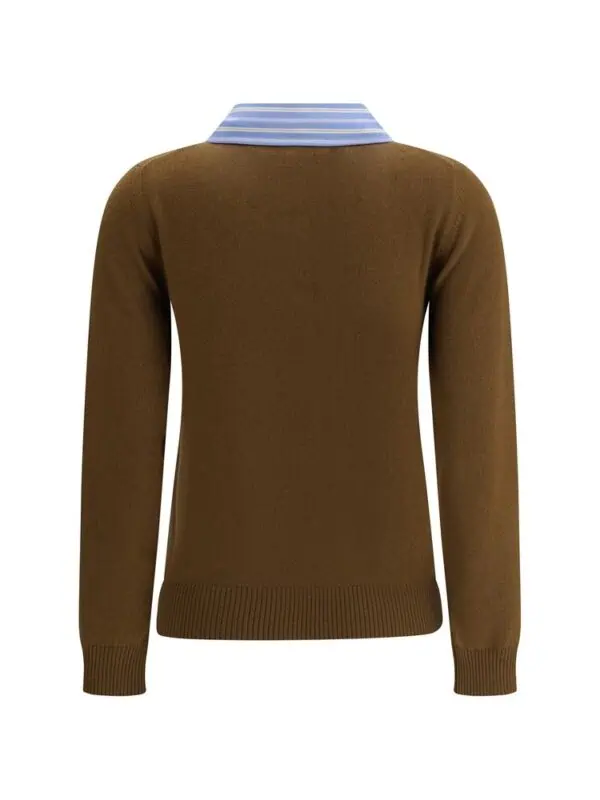 Warm brown sweater with a classic fit, featuring a blue and white striped collar for a sophisticated look. Perfect for fall and winter casual or business wear.