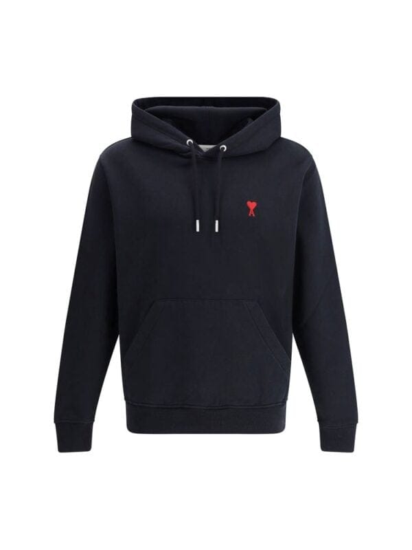 Soft black hoodie with red embroidered logo, drawstring hood, and front pouch pocket for a stylish, comfortable look. Perfect for casual wear and street style.