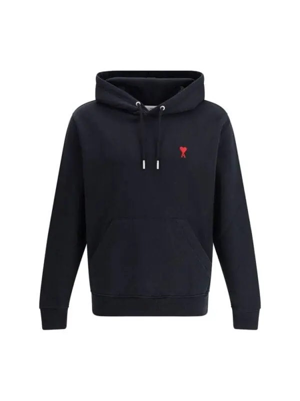Soft black hoodie with red embroidered logo, drawstring hood, and front pouch pocket for a stylish, comfortable look. Perfect for casual wear and street style.