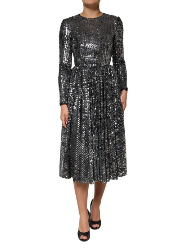 Dolce & Gabbana Black Sequined Long Sleeves Midi A-line Dress