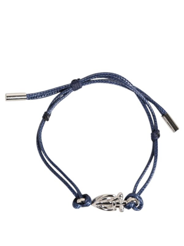 Dolce & Gabbana Silver Tone Brass DG Logo Blue Cord MARINA Men Bracelet