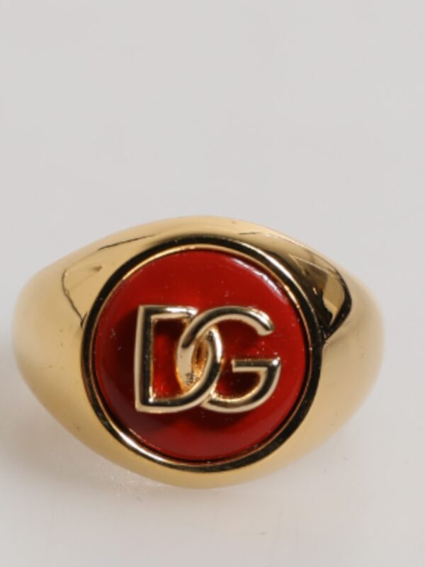 Dolce & Gabbana Gold Tone Real Brass Red DG Logo Men Ring