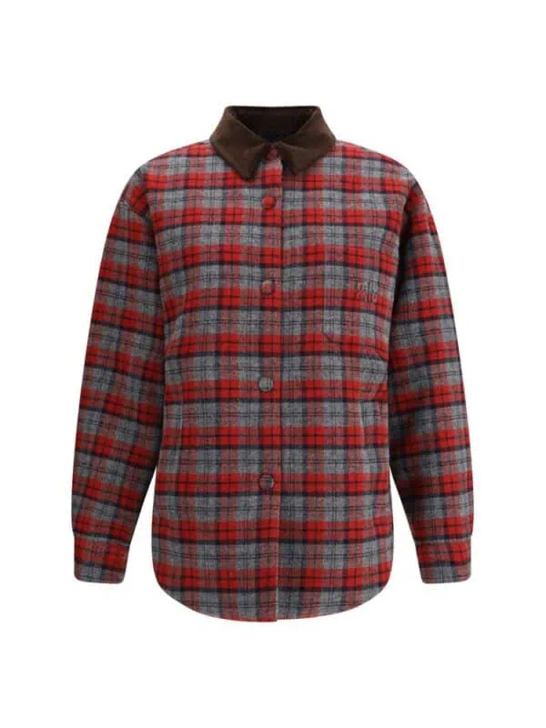 Plaid flannel jacket with brown corduroy collar, red, gray, and black checkered pattern, button-up front, perfect for fall and winter casual wear.