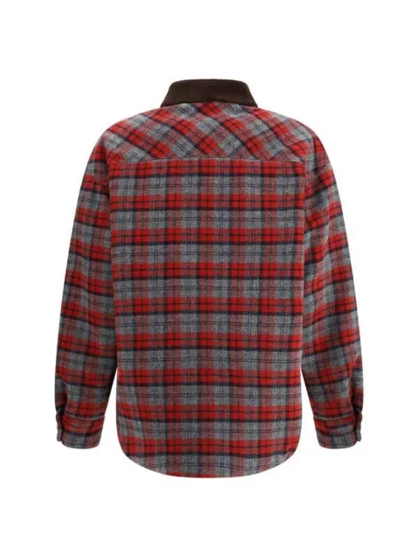 Red plaid flannel shirt with brown collar, cozy and stylish for fall and winter wear.