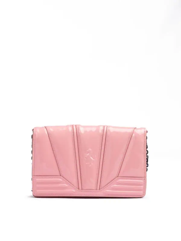 Pink glossy designer clutch bag with geometric stitching and chain strap detail for luxury fashion.