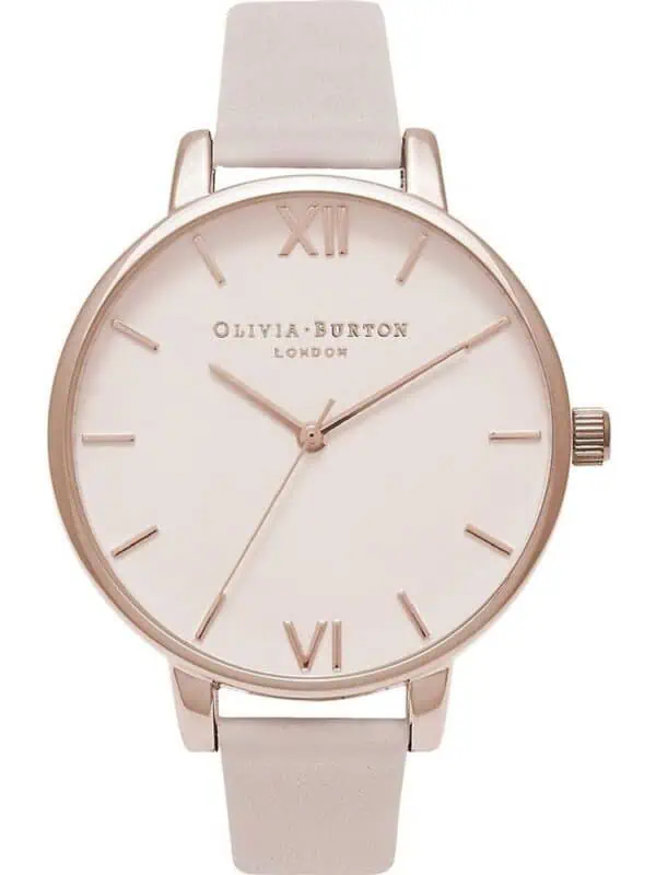 Elegant rose gold Olivia Burton women's watch with minimalist dial and cream leather strap.