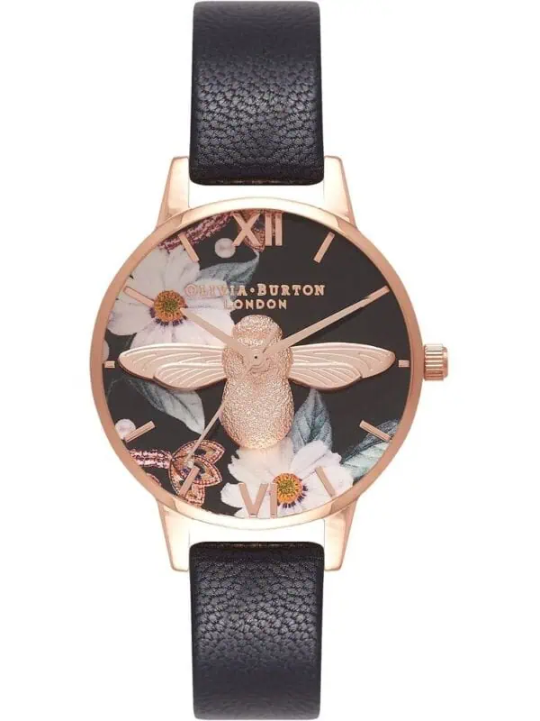Olivia Burton London women's watch with floral and bee design, rose gold case, black leather strap, and elegant dial.