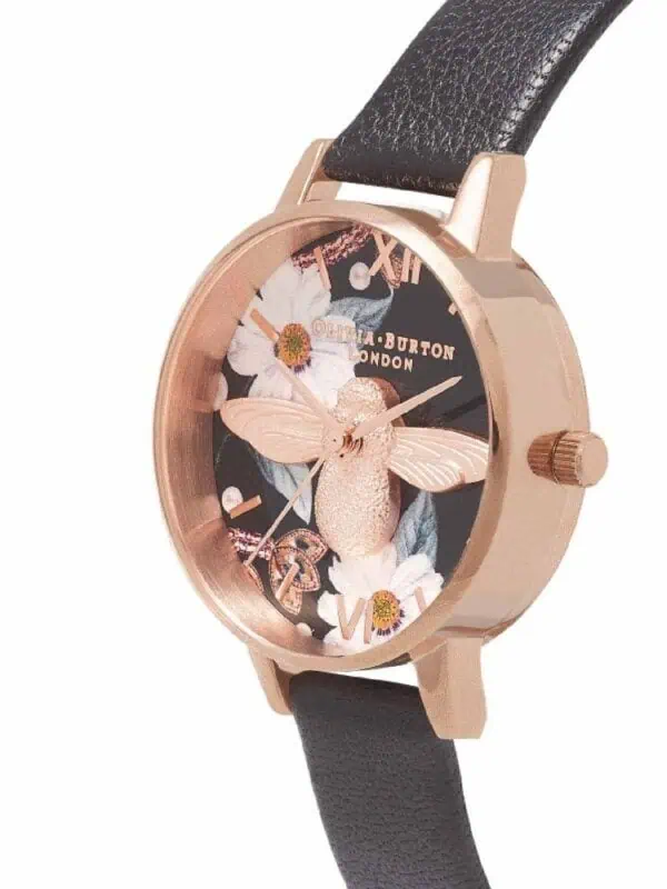 Elegant rose gold watch with floral and bee design on the dial, featuring a black leather strap, stylish and sophisticated accessory for women.