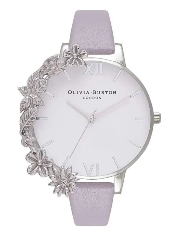 Delicate Olivia Burton women’s watch with floral embellishments, pastel purple strap, and minimalist dial design, perfect for stylish everyday wear.