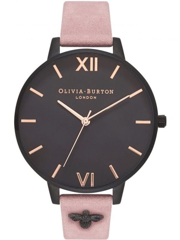 Sleek Olivia Burton® women's watch with a black dial, rose gold accents, and a pink vegan leather strap featuring a cute black bee detail, perfect for stylish, everyday wear.