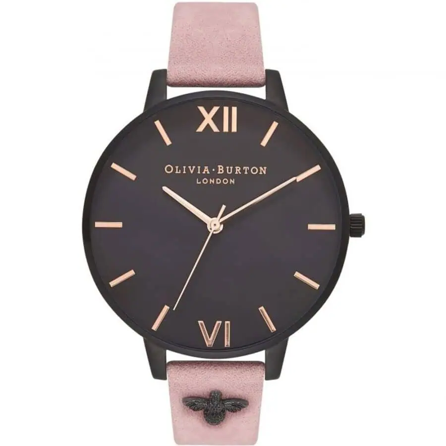 Sleek Olivia Burton® women's watch with a black dial, rose gold accents, and a pink vegan leather strap featuring a cute black bee detail, perfect for stylish, everyday wear.