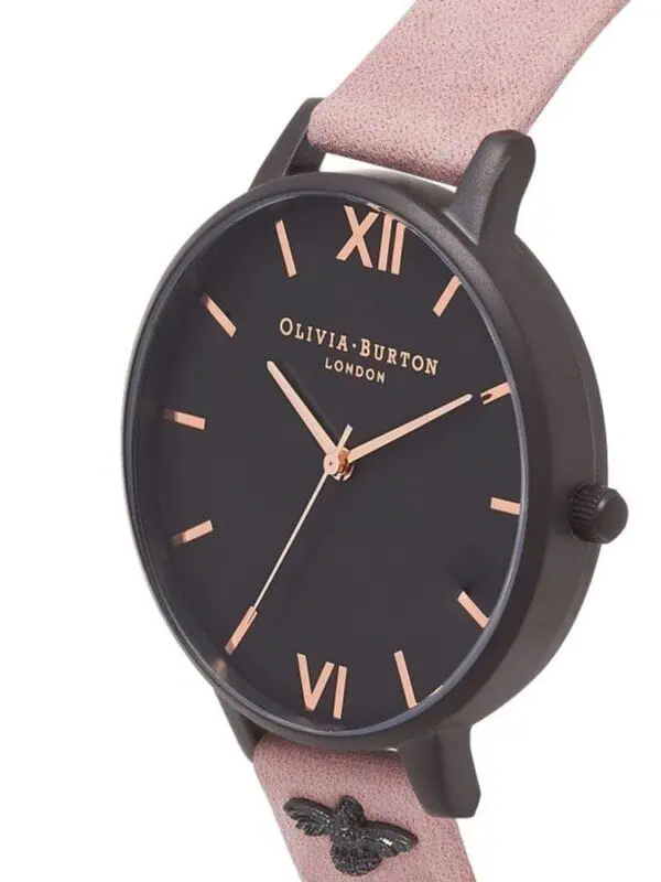 Stylish Olivia Burton women’s watch with black dial, rose gold accents, and pink strap featuring a bee embellishment for a chic accessory.