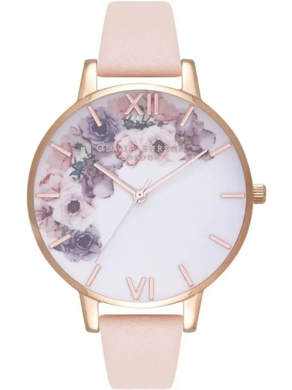 Ivory and pink floral women's designer wristwatch, rose gold stainless steel case, elegant dial with Roman numerals and floral pattern, soft pink leather strap, perfect for fashion and luxury accessories.