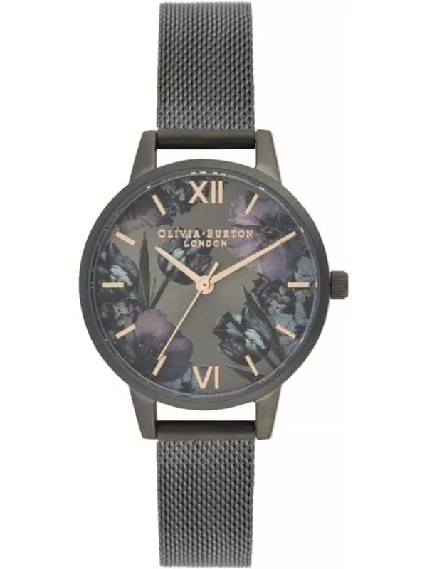 Elegant Olivia Burton London smartwatch with floral dial, rose gold accents, and mesh strap, perfect for stylish women seeking a blend of fashion and functionality.