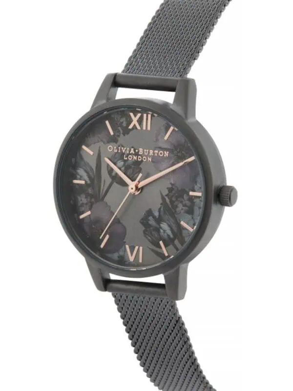 Elegant Olivia Burton watch with a dark floral dial, rose gold accents, and a mesh gray strap, combining style and sophistication for women.