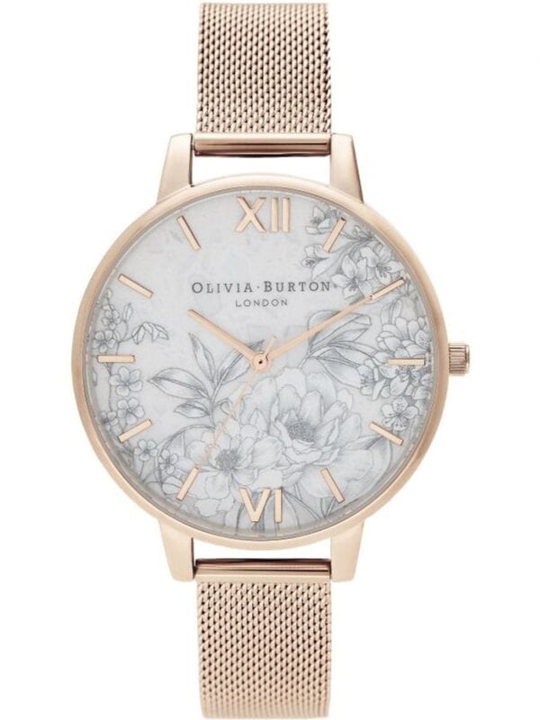 Lux Brands - Stylish Olivia Burton London wristwatch with floral dial, rose gold mesh strap, and elegant design perfect for women’s fashion accessories.