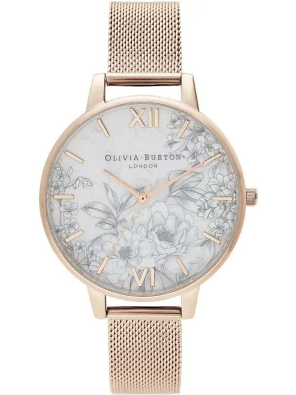 Lux Brands - Stylish Olivia Burton London wristwatch with floral dial, rose gold mesh strap, and elegant design perfect for women’s fashion accessories.