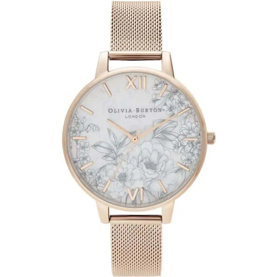 Lux Brands - Stylish Olivia Burton London wristwatch with floral dial, rose gold mesh strap, and elegant design perfect for women’s fashion accessories.