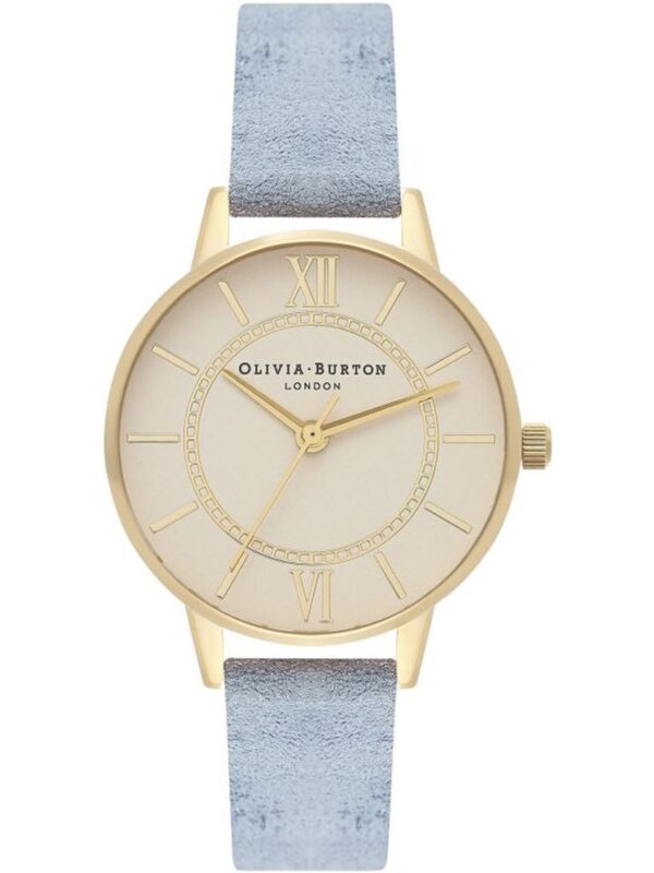 Gold-tone round watch with cream dial and Roman numeral markers, Olivia Burton branding, and a light blue suede strap, perfect for elegant everyday wear.