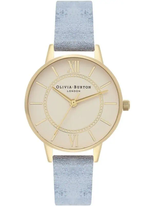 Gold-tone round watch with cream dial and Roman numeral markers, Olivia Burton branding, and a light blue suede strap, perfect for elegant everyday wear.