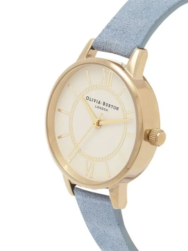 Elegant Olivia Burton gold-tone watch with a classic cream dial and Roman numeral markers, paired with a stylish blush pink strap for a sophisticated look.