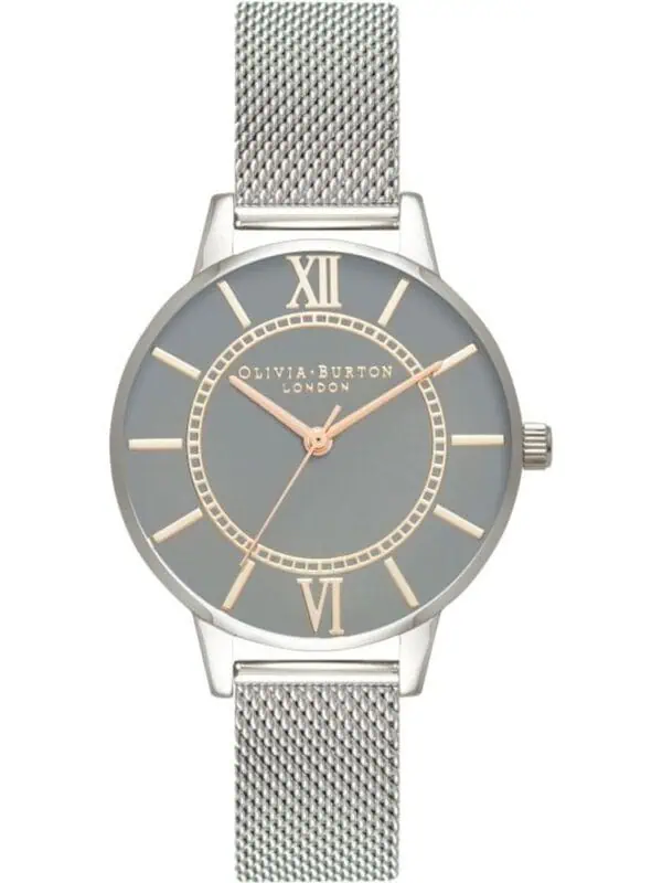 Silver mesh strap watch with a grey dial and rose gold Roman numerals and hands, featuring Olivia Burton branding. Elegant and stylish accessory for women.