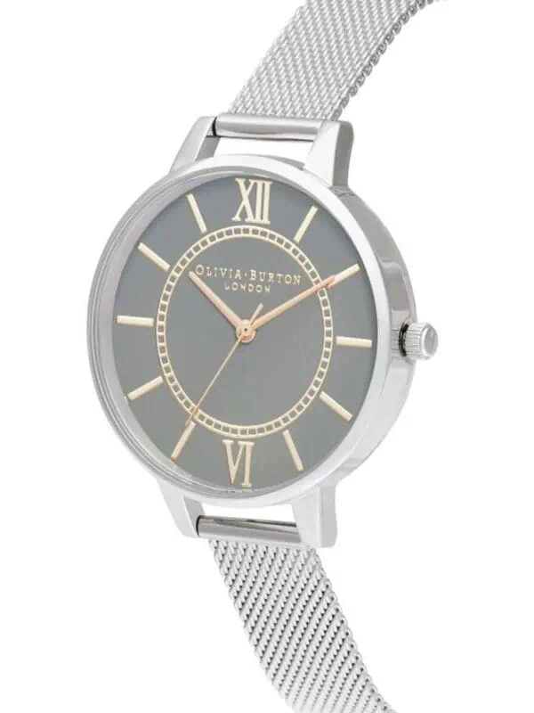 Elegant Olivia Burton women's watch with a silver mesh strap, grey dial, and gold accents, perfect for modern timeless style.