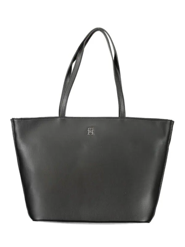 Elegant black leather tote bag with silver logo, stylish and functional for daily use. Perfect for women seeking a luxury accessory to elevate their look.