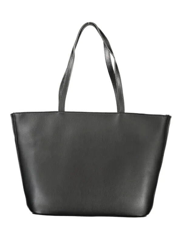 Black leather tote bag with spacious interior and sturdy straps, perfect for everyday use and stylish shopping. Designed for versatility and durability.